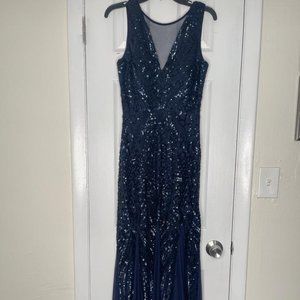 Nightway Womens Sequin Gown Dress, Navy Blue, Size 8 NEW